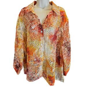 Laura lane siz3 22W semi see through fall themed layering shaket button up EUC ^